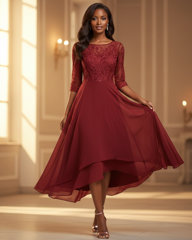 Chiffonkleid Burgunderrot mit Spitze - Ansicht 3