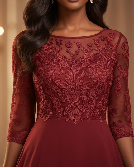 Chiffonkleid Burgunderrot mit Spitze - Ansicht 4