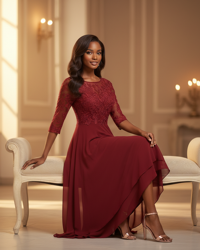 Chiffonkleid Burgunderrot mit Spitze - Ansicht 5
