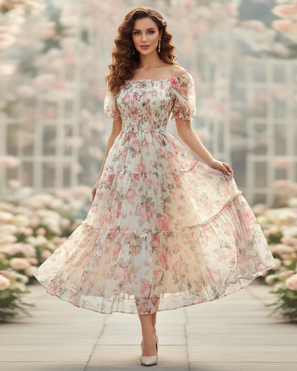 Elegantes Chiffonkleid mit Blumenmuster in Creme - Ansicht 1