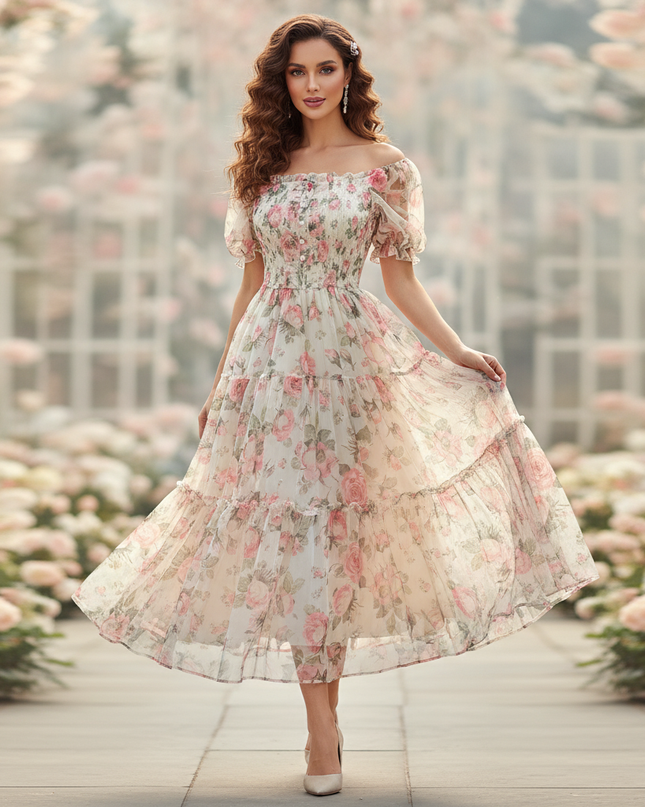 Elegantes Chiffonkleid mit Blumenmuster in Creme - Ansicht 1