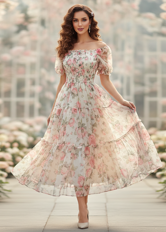 Elegantes Chiffonkleid mit Blumenmuster in Creme - Ansicht 1