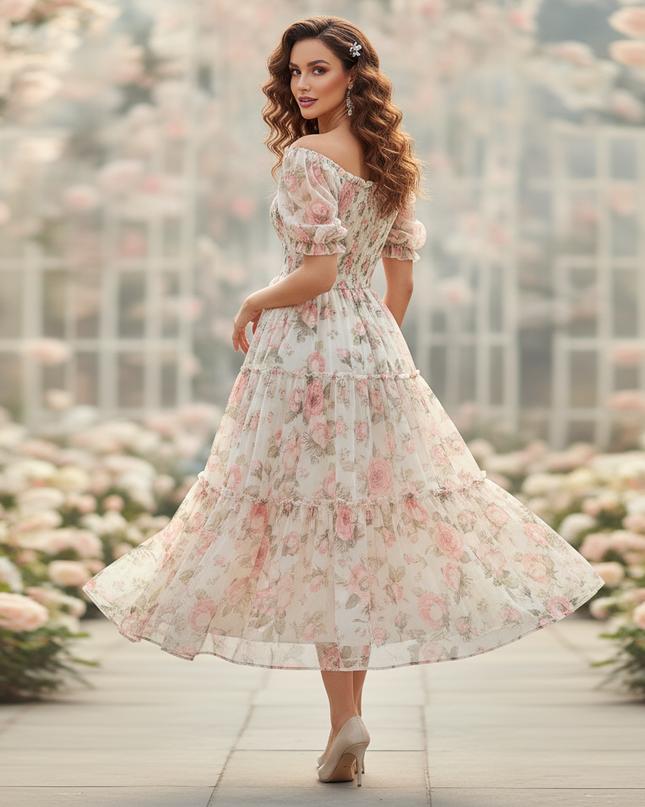Elegantes Chiffonkleid mit Blumenmuster in Creme - Ansicht 2