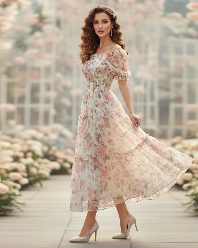 Elegantes Chiffonkleid mit Blumenmuster in Creme - Ansicht 3