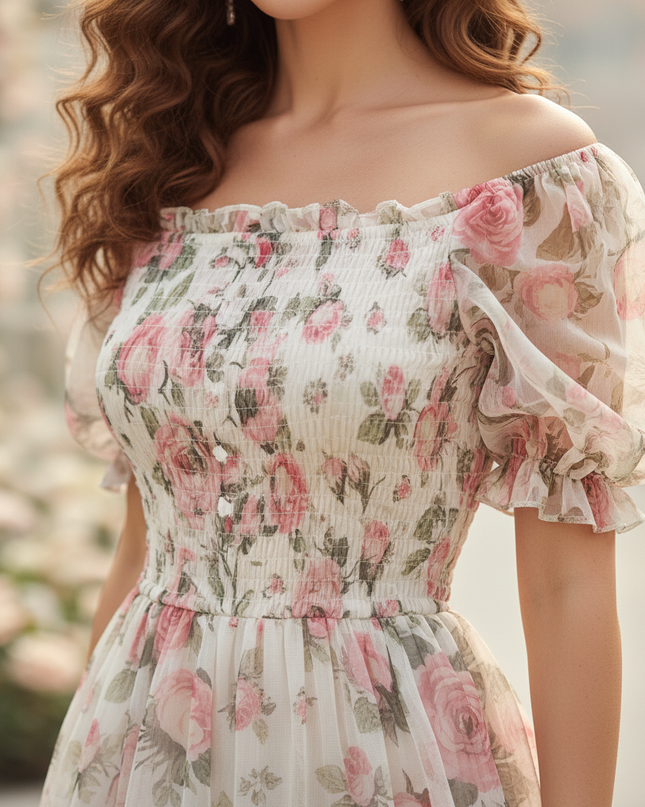 Elegantes Chiffonkleid mit Blumenmuster in Creme - Ansicht 4