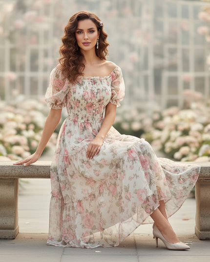 Elegantes Chiffonkleid mit Blumenmuster in Creme - Ansicht 5