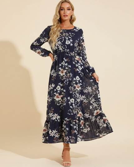 Blaues Chiffonkleid mit Blumenmuster - Ansicht 1