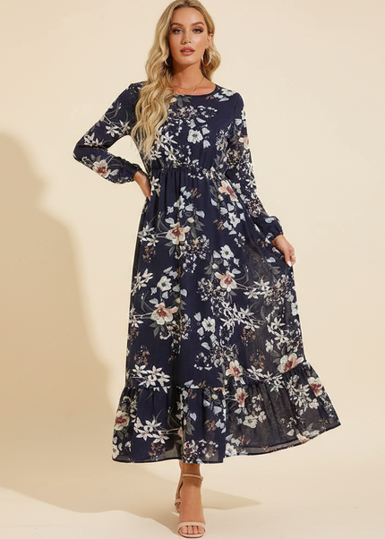 Blaues Chiffonkleid mit Blumenmuster - Ansicht 1