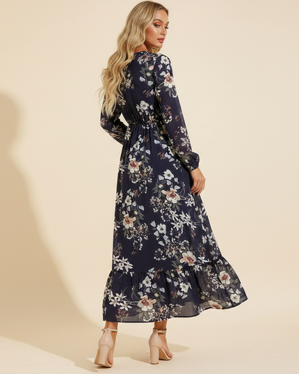 Blaues Chiffonkleid mit Blumenmuster - Ansicht 2