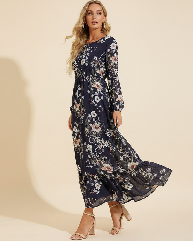 Blaues Chiffonkleid mit Blumenmuster - Ansicht 3