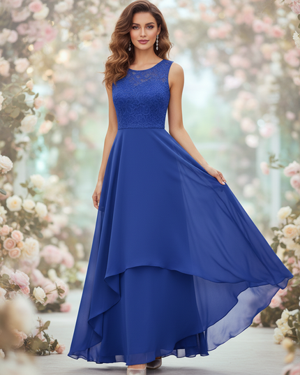 Blaues Chiffonkleid mit feiner Spitze - Ansicht 1