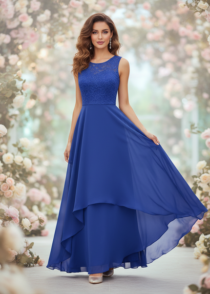 Blaues Chiffonkleid mit feiner Spitze - Ansicht 1