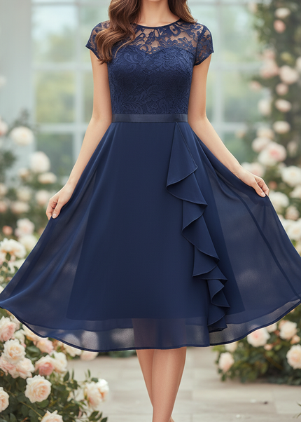Chiffonkleid in Blau mit feiner Spitze - Ansicht 1