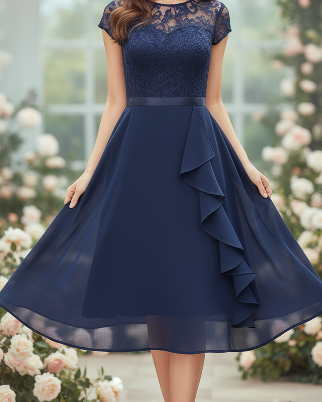 Chiffonkleid in Blau mit feiner Spitze - Ansicht 3