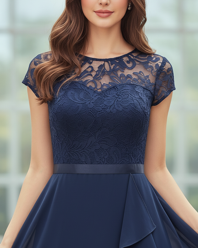 Chiffonkleid in Blau mit feiner Spitze - Ansicht 4