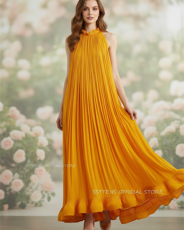 Gelbes bodenlanges Kleid mit Neckholder - Ansicht 1