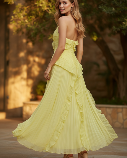 Gelbes Chiffonkleid mit Volants Lang - Ansicht 2