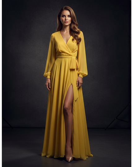 Gelbes Abendkleid mit elegantem Schlitz - Ansicht 1