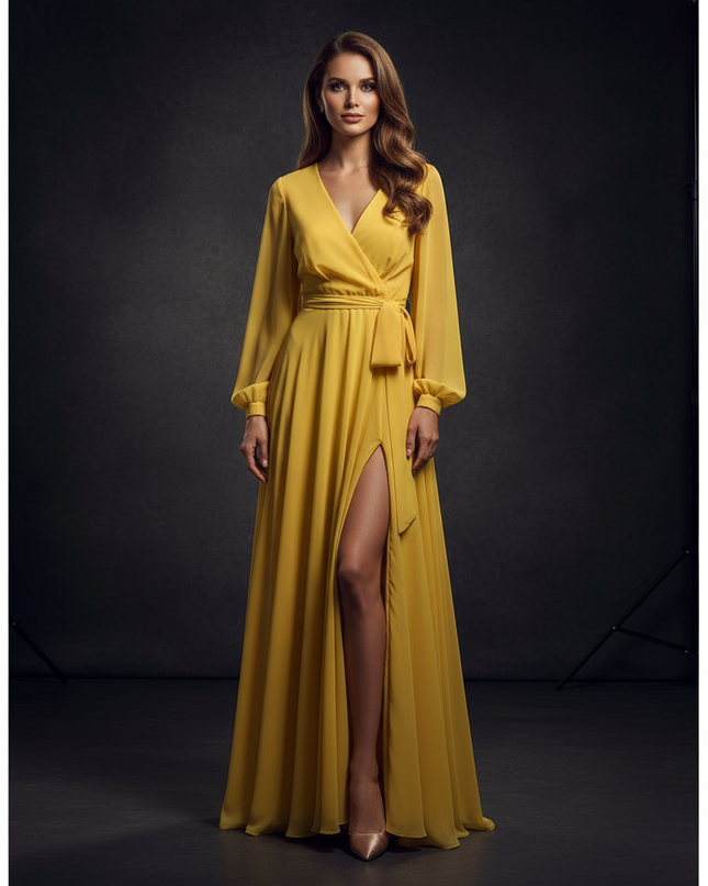 Gelbes Abendkleid mit elegantem Schlitz - Ansicht 1