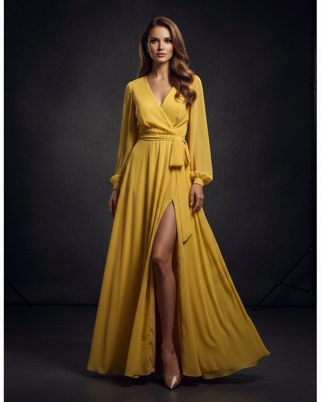 Gelbes Abendkleid mit elegantem Schlitz - Ansicht 3