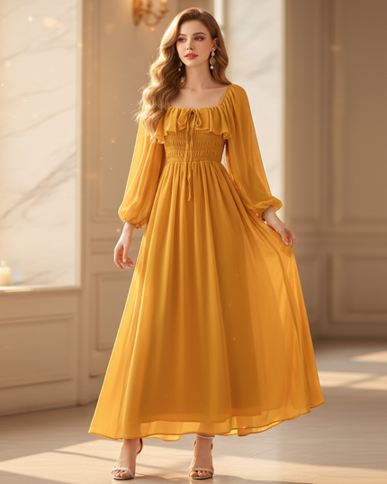 Gelbes langes Chiffonkleid - Ansicht 1