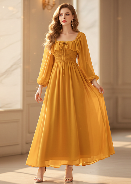 Gelbes langes Chiffonkleid - Ansicht 1