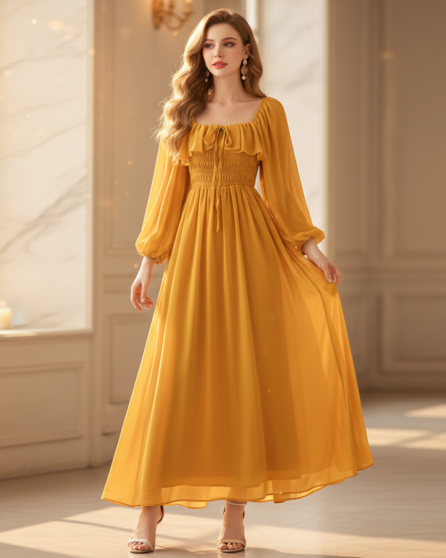 Gelbes langes Chiffonkleid - Ansicht 1