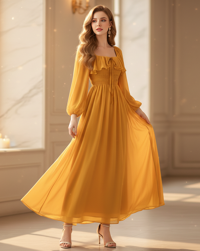 Gelbes langes Chiffonkleid - Ansicht 3