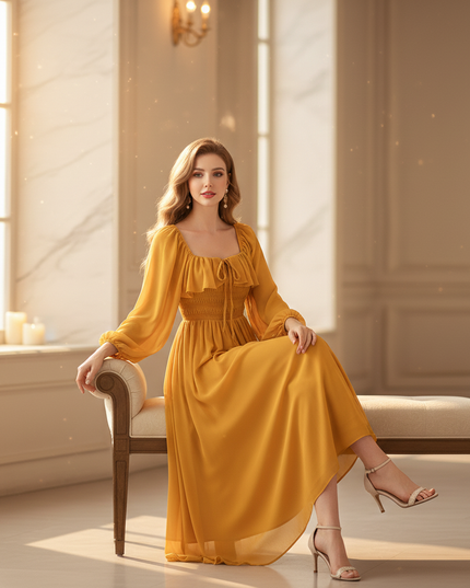 Gelbes langes Chiffonkleid - Ansicht 5