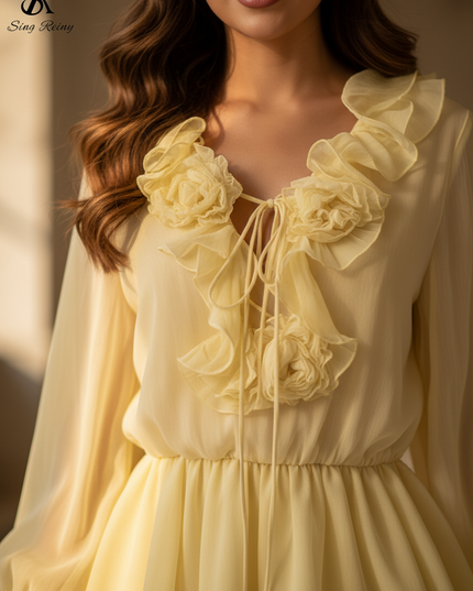 Gelbes kurzes Chiffonkleid - Ansicht 4