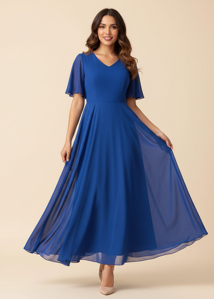 Blaues langes Kleid mit V-Ausschnitt - Ansicht 1