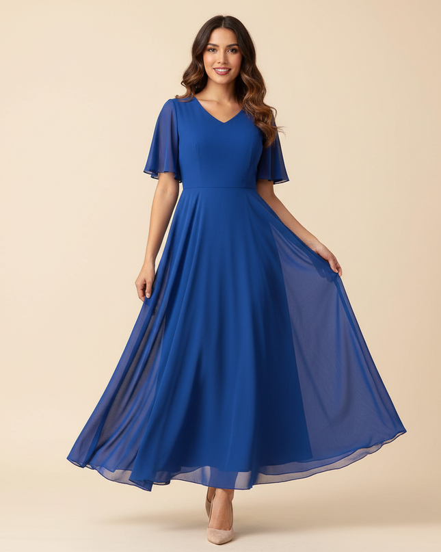 Blaues langes Kleid mit V-Ausschnitt - Ansicht 1