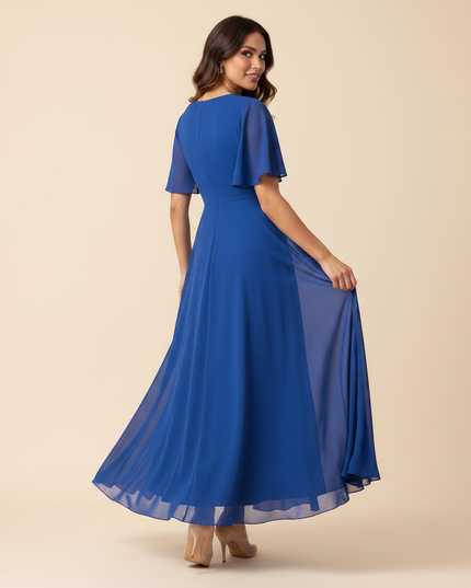 Blaues langes Kleid mit V-Ausschnitt - Ansicht 2