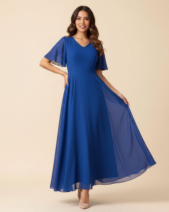 Blaues langes Kleid mit V-Ausschnitt - Ansicht 3