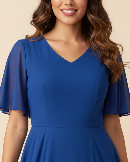 Blaues langes Kleid mit V-Ausschnitt - Ansicht 4