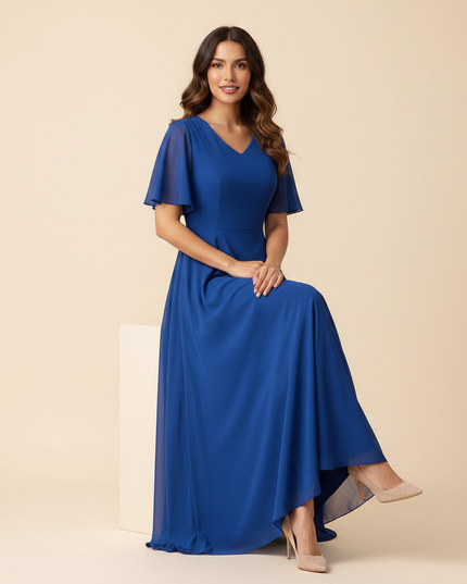 Blaues langes Kleid mit V-Ausschnitt - Ansicht 5