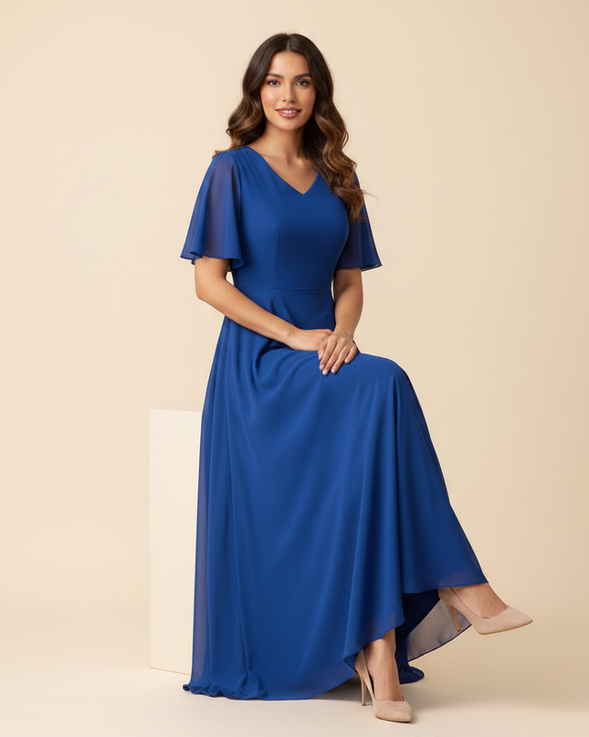 Blaues langes Kleid mit V-Ausschnitt - Ansicht 5