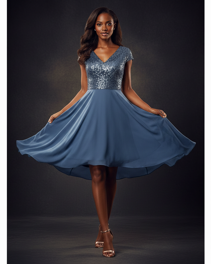 Blaues kurzes Kleid mit Pailletten - Ansicht 3