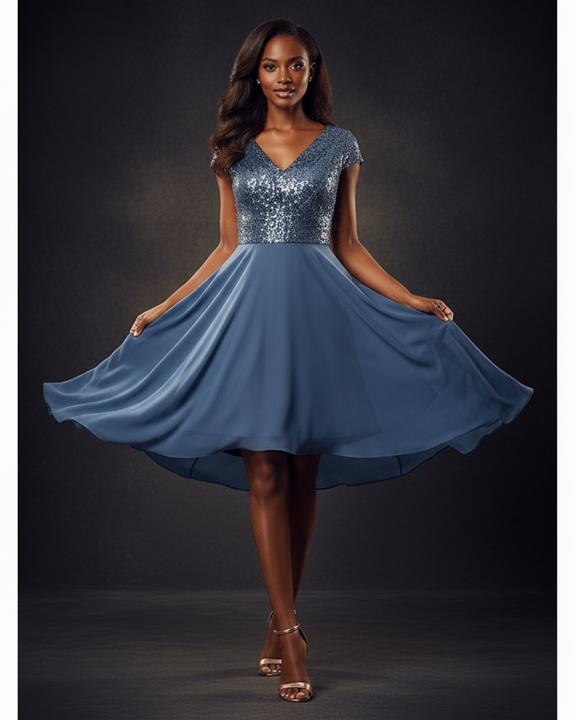 Blaues kurzes Kleid mit Pailletten - Ansicht 3