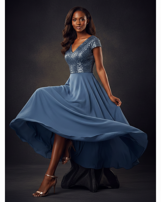 Blaues kurzes Kleid mit Pailletten - Ansicht 5