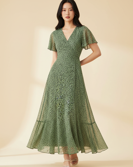 Gruenes Chiffonkleid im Wickelstil - Ansicht 1