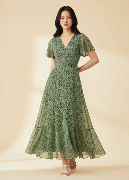 Gruenes Chiffonkleid im Wickelstil - Ansicht 1