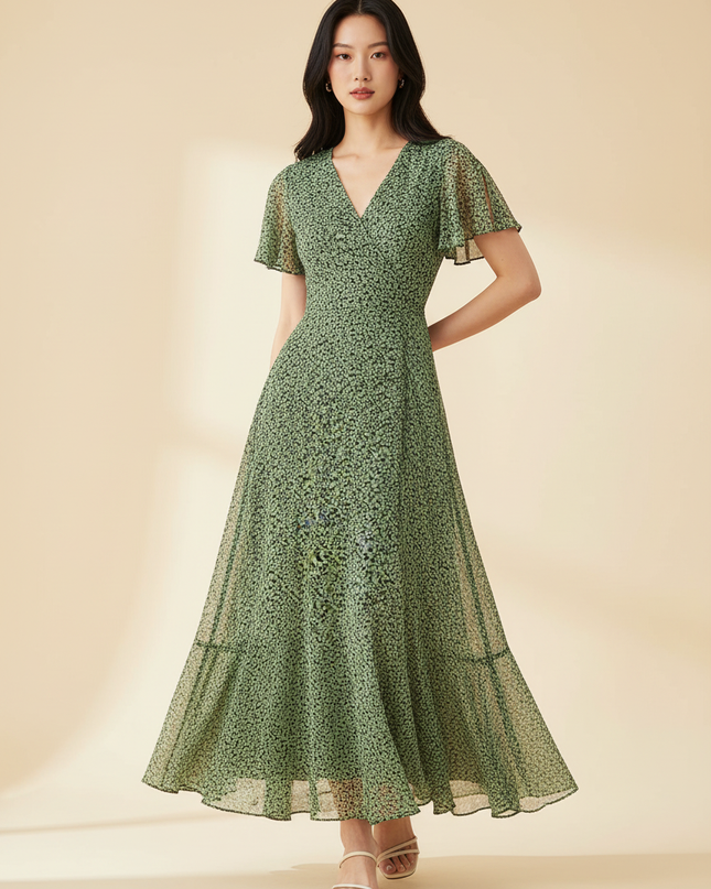 Gruenes Chiffonkleid im Wickelstil - Ansicht 1