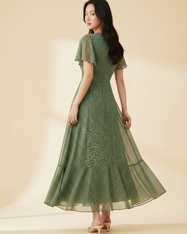 Gruenes Chiffonkleid im Wickelstil - Ansicht 2