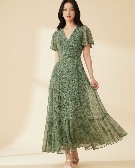 Gruenes Chiffonkleid im Wickelstil - Ansicht 3