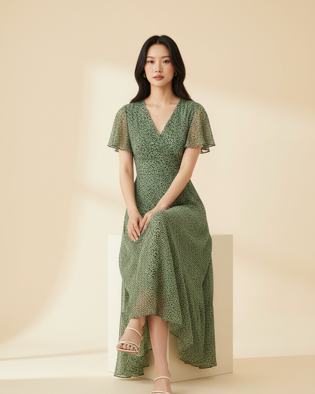 Gruenes Chiffonkleid im Wickelstil - Ansicht 5