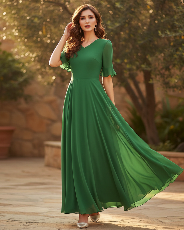 Leichtes langes Chiffonkleid in Gruen - Ansicht 1