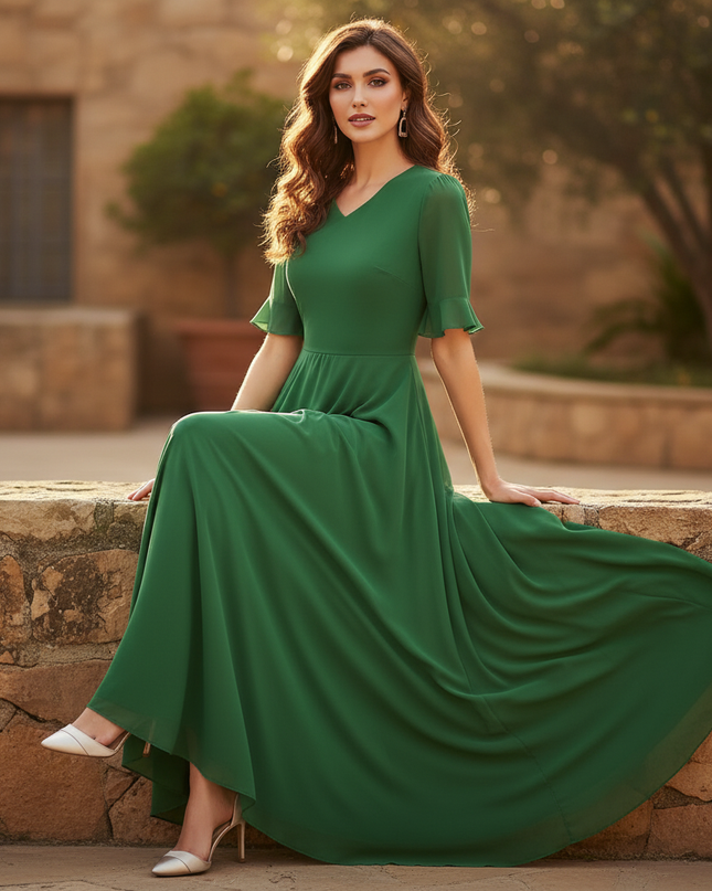 Leichtes langes Chiffonkleid in Gruen - Ansicht 5