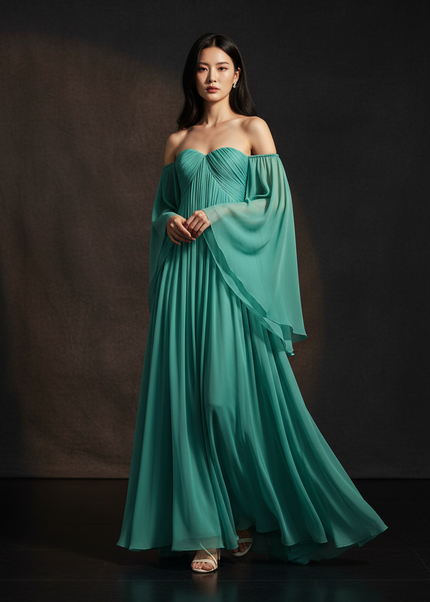 Gruenes Abendkleid im Off-Shoulder-Stil - Ansicht 1