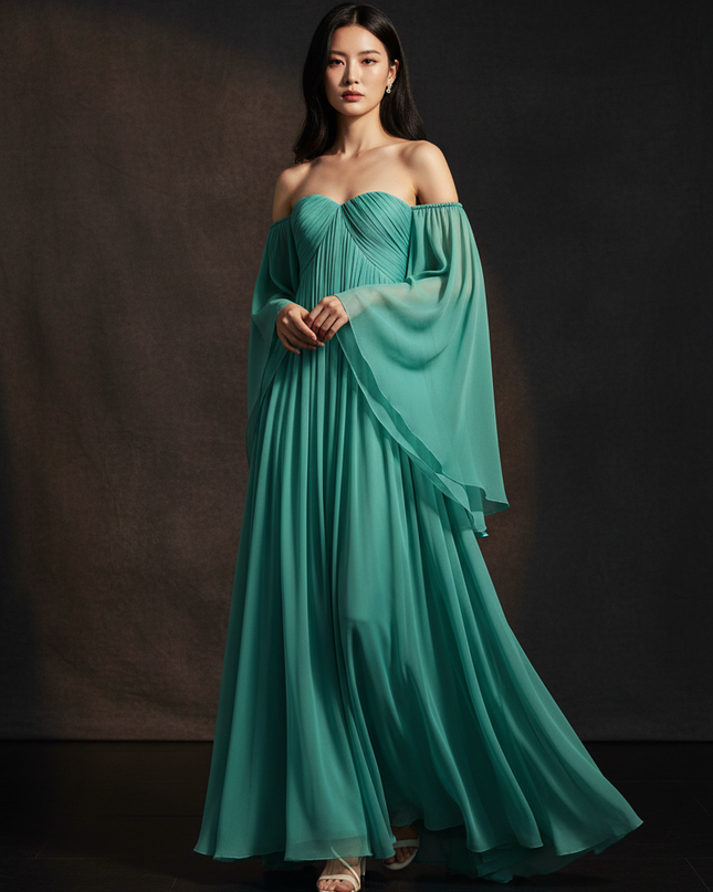 Gruenes Abendkleid im Off-Shoulder-Stil - Ansicht 1